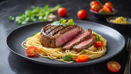 spaghetti with sliced medium rare steak and vegetables on black table