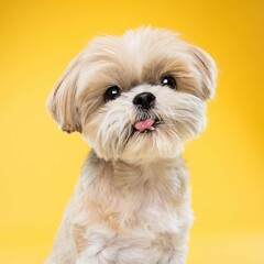 Beautiful little shih tzu puppy dog isolated on yellow background. looking at camera .front view.dog studio portrait.
 dog isolated .puppy isolated .puppy closeup face,indoors.cute puppy isolated .