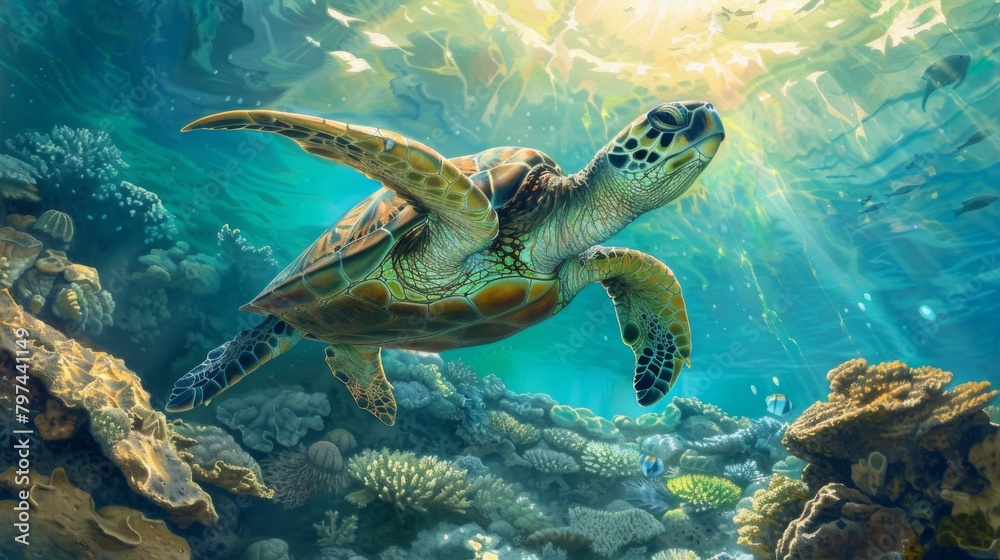 Poster a curious turtle gliding gracefully through a sunlit reef, symbolizing the enduring connection betwe