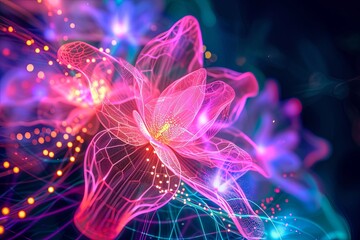 Neon Flora Networks: Abstract Neon Bloom Interconnected in Digital Space