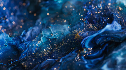 Dreamy indigo marble ink dances freely amidst a dynamic abstract environment, twinkling with radiant glitters, inspiring imagination and exploration. - obrazy, fototapety, plakaty