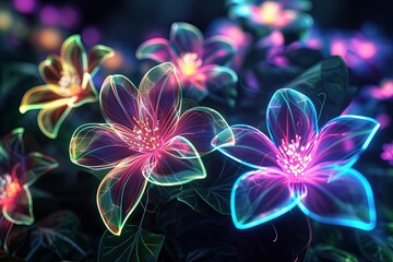 Abstract Neon Bloom Networks: Virtual Neon Garden of Networked Flowers