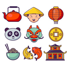 set of vector icons of China travel. Chineses symbols and signs