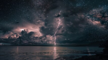 A dramatic lightning strike illuminating the night sky during a powerful rainstorm, showcasing the raw power of nature.
