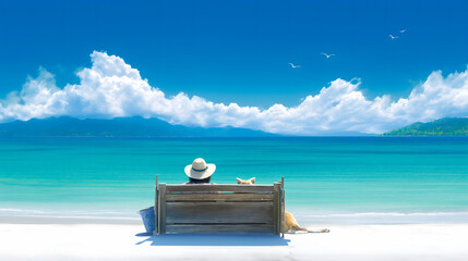 Woman sitting on the chair on the tropical beach with blue sky background