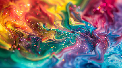 Dazzling rainbow marble ink drifting across a jubilant abstract setting, illuminated by glitters in a rainbow of colors.