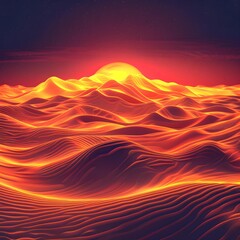 A digital artwork rendering of undulating red sand dunes beneath a twilight sky sprinkled with stars, evoking otherworldly beauty. - obrazy, fototapety, plakaty