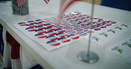 Elections in the United States of America. Close up of patriotic stickers with American flag logo and inscriptions lying on table. Presidential race and election coverage. Civic duty and patriotism. - obrazy, fototapety, plakaty