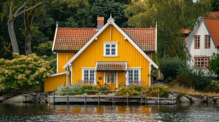 Fototapeta na wymiar Yellow house by the water in Scandinavian style 