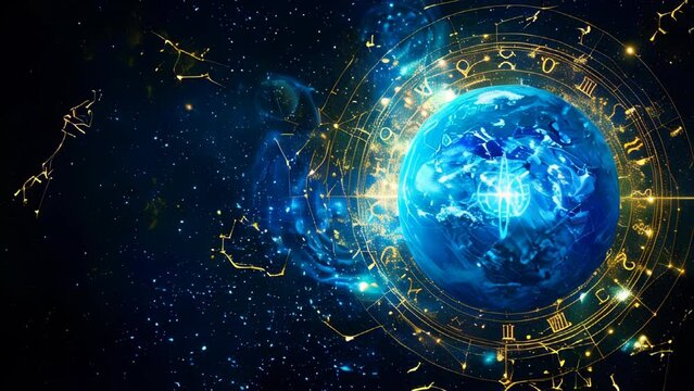 Planet Earth encircled by zodiac signs and astrology symbols