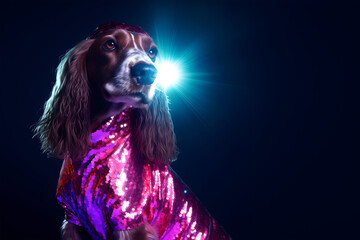 Creative animal concept. English Cocker Spaniel dog puppy in disco neon glitter glam shiny glow sequin outfit, copy text space. commercial, editorial advertisement party invitation invite, surreal	
 - obrazy, fototapety, plakaty