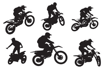 Set silhouette of motorcycle rider performing trick on white background