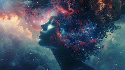 Conceptual image, woman with flowing hais underwater in thought with galaxy in impressive double...