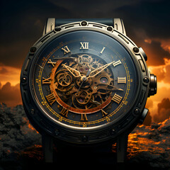 Time concept. Watch with clock face on sunset background. 3D rendering - obrazy, fototapety, plakaty