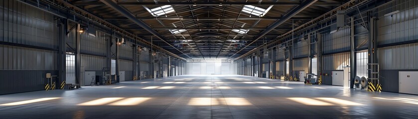 An empty warehouse with concrete floors and steel beams