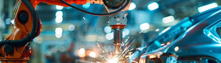 An industrial robot is welding a car door.