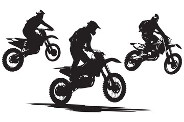 Motocross racing, motocross racer jumping on a motorcycle, isolated vector silhouette, front view. Ink drawing, freestyle motocross