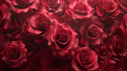 A luxurious display of deep red roses filling the frame with their velvety petals and rich color, evoking a sense of romance. - obrazy, fototapety, plakaty