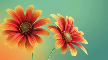 Two striking red-orange Gerbera flowers with delicate petals and golden centers against a soft green gradient background. - obrazy, fototapety, plakaty