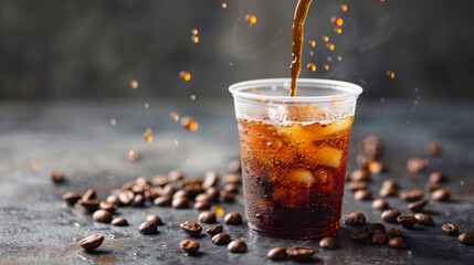 Fresh espresso pouring into plastic cup. Double shot espresso iced coffee fresh. - obrazy, fototapety, plakaty