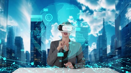 Businesswoman looking dynamic market data research analysis rotated world graph monitor by VR global innovation interface digital infographic network technology visual hologram animation. Contraption.