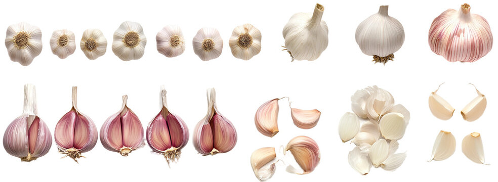A collage of various types and sizes of garlic isolated transparent background PNG
