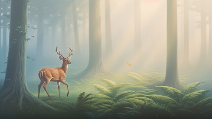 A deer walking through a misty forest with a butterfly nearby