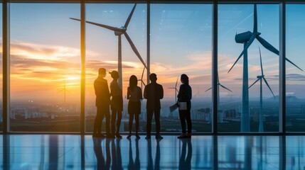 A group of people are standing in a room looking out at wind turbines. - obrazy, fototapety, plakaty