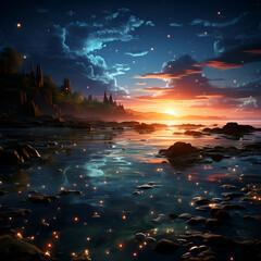 Fantasy landscape with ancient temple on the rocky shore at sunset.
