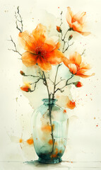 Watercolor painting of orange flowers in glass vase on white background. - 797448309