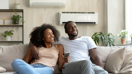 Smiling couple using remote to turn on air conditioner and enjoy cool air in living room