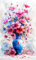 Watercolor bouquet of colorful flowers in vase on white background. - 797448378