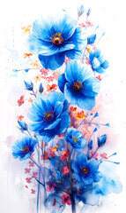 Watercolor painting of flowers, floral background, flowers in blue color. - 797448397