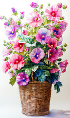 Bouquet of colorful hibiscus flowers in a basket.