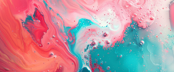 Coral pink and turquoise meld seamlessly, creating a cosmic tapestry of liquid brilliance that transcends time in high-definition wonder. - obrazy, fototapety, plakaty