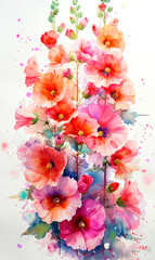 Watercolor illustration of a bouquet of pink hollyhock flowers. - 797448582