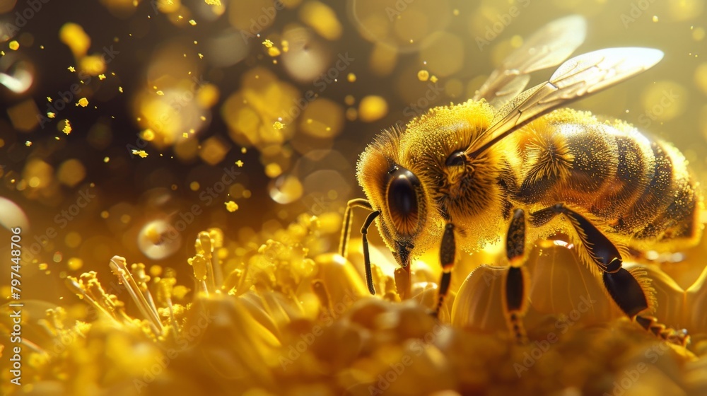 Poster A honeybee entering a hive laden with pollen, contributing to the collective effort of honey production.
