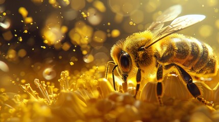 A honeybee entering a hive laden with pollen, contributing to the collective effort of honey production. - obrazy, fototapety, plakaty