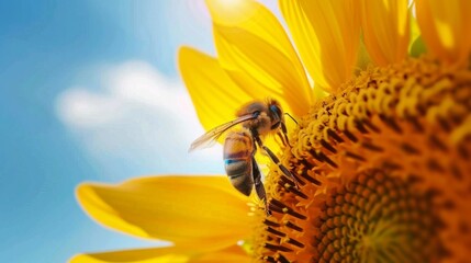 A honeybee exploring the petals of a sunflower, framed against a backdrop of bright blue sky.