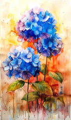 Watercolor painting of hydrangea flowers on colorful background. - 797448953