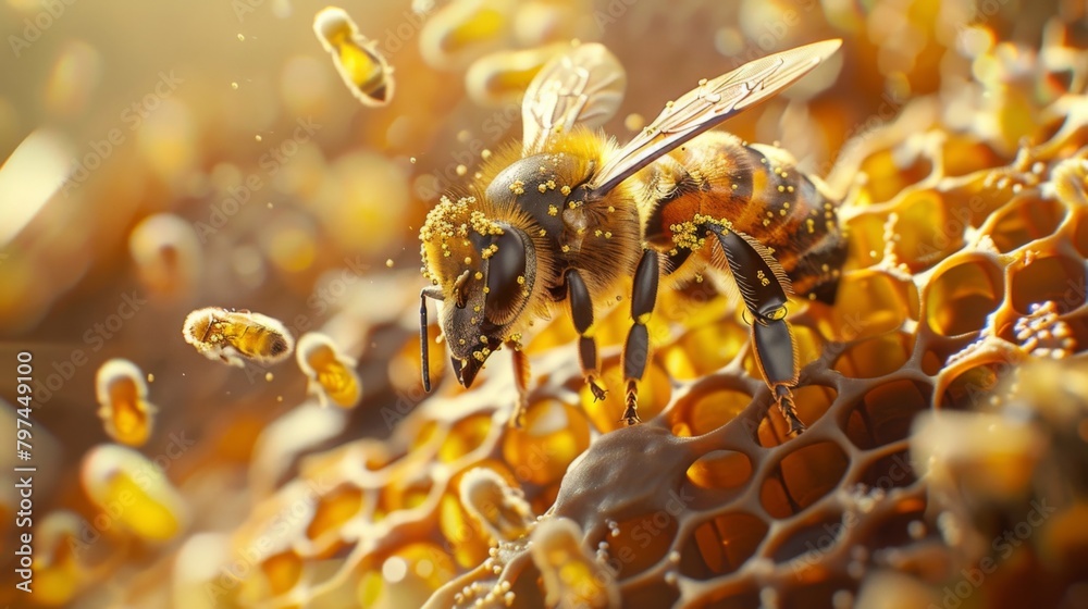 Poster A honeybee entering a hive laden with pollen, contributing to the collective effort of honey production.