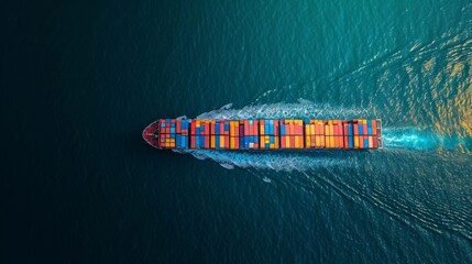 top view container cargo ship in import export business commercial trade logistic and transportation of international by container cargo ship in the open sea,