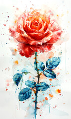 Watercolor painting of red rose on white background. - 797449139