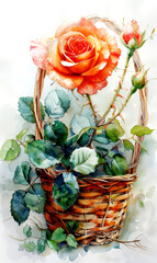 Watercolor painting of a basket with roses. - 797449146