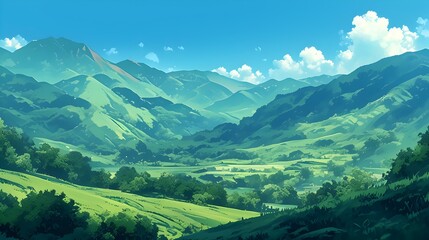 Obraz premium Majestic Green Mountain Landscape with Lush Valleys and Winding Paths in Peaceful Rural Countryside