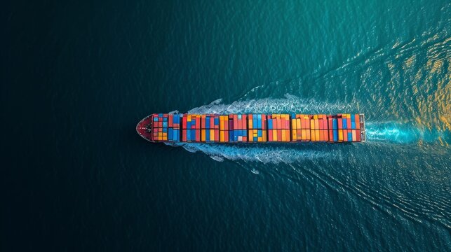 top view container cargo ship in import export business commercial trade logistic and transportation of international by container cargo ship in the open sea,