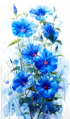 Watercolor painting of blue morning glory flowers. - 797449324