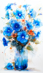 Blue flowers in a vase on a white background. Watercolor painting. - 797449339