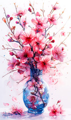 Sakura flowers in vase on white background, watercolor painting. - 797449509