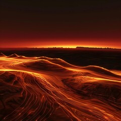 Abstract digital art of vibrant light trails flowing over desert dunes under a deep red sky at twilight, capturing a sense of motion and warmth. - obrazy, fototapety, plakaty